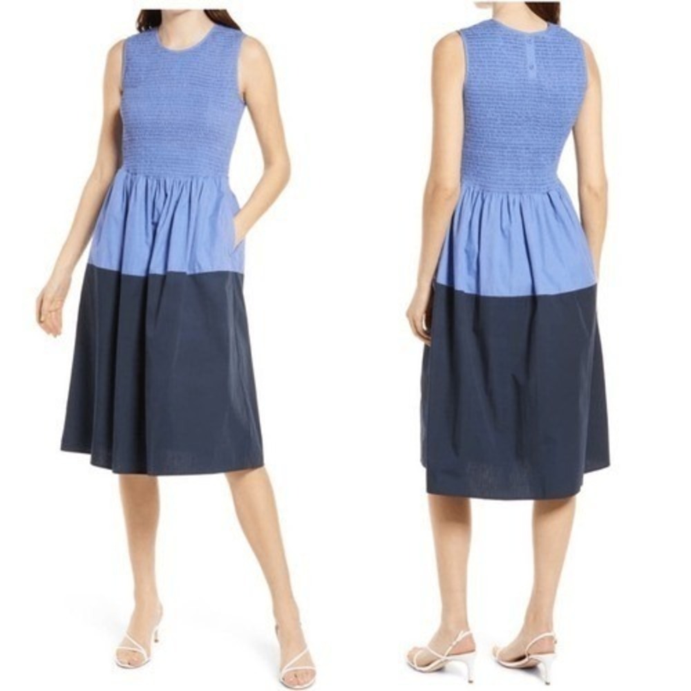 FRENCH CONNECTION Rhodes Colorblock Smocked Poplin Dress, Size 4, Blue, NWT‎